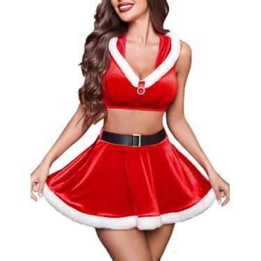 Imagem de Avidlove Conjunto de lingerie de Natal com 2 peças, top curto e mini saia, conjunto de lingerie babydoll de Papai Noel, roupas femininas de férias com capuz, Vermelho de Natal, Small
