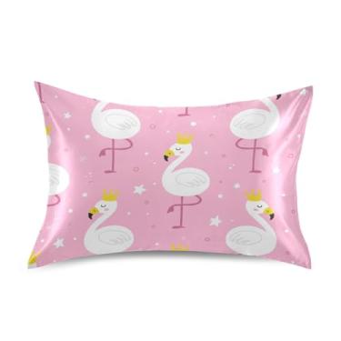 Imagem de Fronhas refrescantes para o cabelo conforto king queen padrão capas de almofada decoração de cama de cetim tamanho queen 76.2 cm x 50.8 cm bonito flamingos coroas amarelas