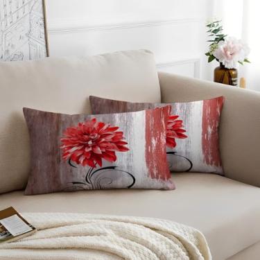 Imagem de Pacote com 2 capas de almofada decorativas modernas de Natal 30,5 x 50,8 cm, arte abstrata, pintura floral vermelha, fronhas lombares com zíperes, decoração de casa de fazenda para sofá, quarto, sala