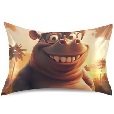 Imagem de Capa de almofada de cetim engraçada com estampa de hipopótamo de desenho animado padrão King Queen capa de travesseiro de resfriamento para cabelo, tamanho Queen, 76 cm x 50 cm