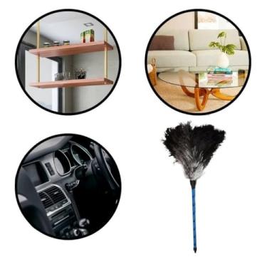 Imagem de Espanador de Pena de Peru Premium, 32cm, Cabo Azul com Gancho, para Limpeza de Móveis, Persianas e Lugares Difíceis
