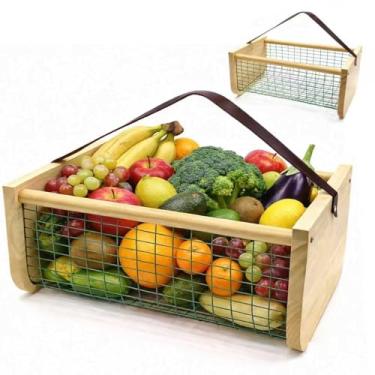 Imagem de Cesta de colheita, cestas de jardim para coletar legumes e frutas, cestas de colheita de jardinagem com alça de couro, cesta multifuncional para cozinha, jardim, piquenique, alça de couro