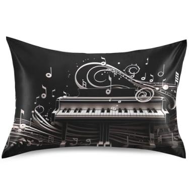 Imagem de Almofadas de cetim com notas musicais de piano refrescantes fronhas modernas padrão queen king decoração de casa roupa de cama, tamanho king, 101,6 cm x 50,8 cm
