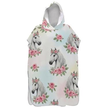 Imagem de Joisal Roupão reutilizável para troca de poncho de surfe para adultos toalha com capuz de praia floral bonito cavalo rosa floral branco unissex poncho adulto com capuz