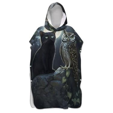 Imagem de Poncho de surfe plus size para adultos trocador de roupa de banho toalhas com capuz gato preto coruja arte homens mulheres poncho com capuz