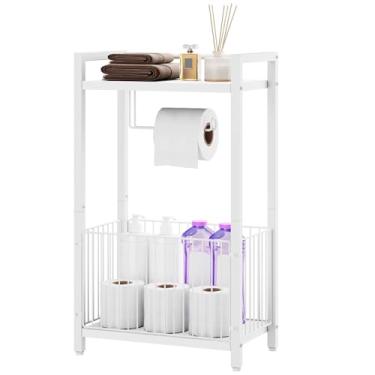 Imagem de IBUYKE Suporte de papel higiênico independente com prateleira de armazenamento, dispensador de rolo de papel higiênico de banheiro com espaço extra para rolos, revistas, lenços umedecidos branco
