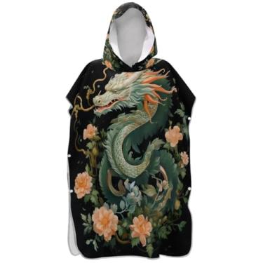 Imagem de Joisal Poncho de surfe trocador de roupão para adultos praia moletom com capuz toalha natação plus size feminino ponchos com capuz dragão verde chinês