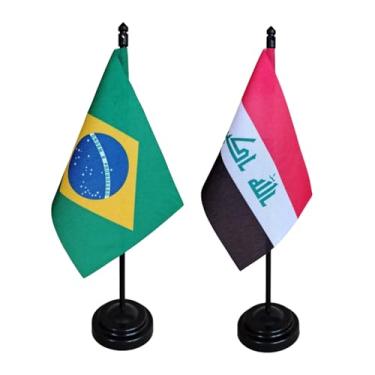 Imagem de Kit Bandeira de Mesa Brasil e Iraque, 26cm Altura Total, 18x11cm, Multicolorido, Oxford, Base Plástica, Decoração para Escritório e Eventos