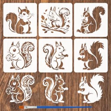 Imagem de FINGERINSPIRE 6 peças adorável estêncil de pintura de esquilo com pincel de tinta 15 x 15 cm de plástico PET ramo folha porca molde decorativo bonito estêncil esquilo modelo tema animal para decoração