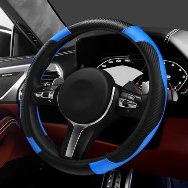 Imagem de Hovom Capa de volante de carro, capa protetora de volante de couro de fibra de carbono estilosa para 38 cm, antiderrapante e confortável, acessórios internos universais para decoração de carro (preto