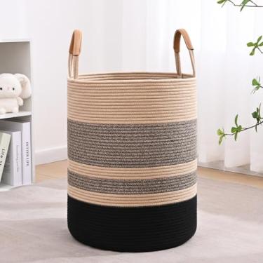 Imagem de Cesto de roupa suja listrado de 60 L com alças de couro, cesto de roupa grande dobrável para roupas, cesto de armazenamento de corda de algodão para cobertores, cesta de roupas de tecido para quarto