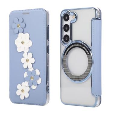 Imagem de Capa carteira para Samsung Galaxy S23 Plus, 3 compartimentos para cartão e anel magnético, bloqueio RFID, compatível com carregamento sem fio, traseira transparente, design floral de couro, proteção