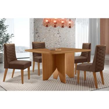Imagem de Sala Jantar Mesa Nevada Tampo Curvo 90cm+4 Cadeiras Dafne Madeira Naturale - Capuccino/Suede Marrom - Rufato