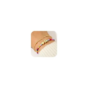Imagem de Ursteel Pulseiras femininas coloridas com inicial de coração - Pulseira com contas folheadas a ouro 14K, pulseiras iniciais elásticas em camadas, joias femininas modernas boêmias, presentes de