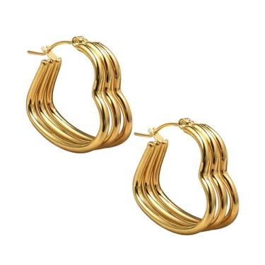 Imagem de Brincos de coração de ouro grosso para mulheres, brincos retrôs, joias de argola de amor, presente moderno ousado para ela, Small, Metal, Sem pedra preciosa