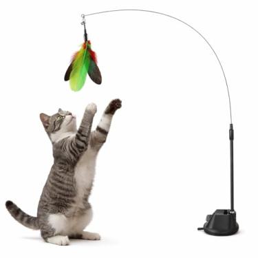 Imagem de Brinquedo Gato Varinha Pena de Pássaro Com Ventosa Fixa Chao Janela Parede Interativo