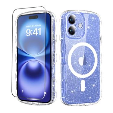 Imagem de MIODIK Capa para iPhone 16 Plus + protetor de tela, [Compatível com MagSafe] Design de Onda Transparente Glitter Ondulado Bonito Mulheres Meninas Capa de Proteção de Câmera para iPhone 16Plus