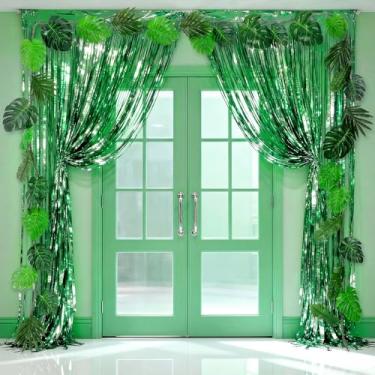 Imagem de Craftsatin 33 peças de decoração de varanda com tema de selva rattans artificiais folhas de palmeira tropical folha verde franjas pano de fundo floresta tropical safári decoração de porta para