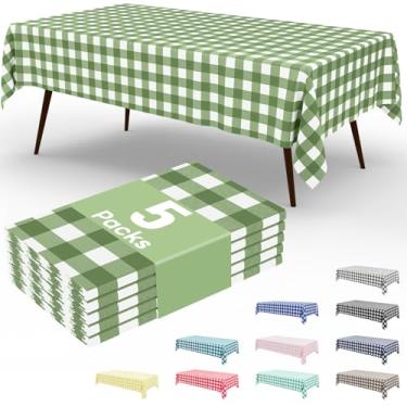 Imagem de misaya Pacote com 5 toalhas de mesa descartáveis de búfalo, 137 x 272 cm, toalha de mesa de plástico impermeável retangular branca e verde sálvia para piquenique, aniversário, festa