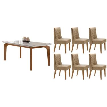 Imagem de Sala Jantar Mesa Londrina Tampo c/ Vidro Curvo 180cm+6 Cadeiras Dafne Madeira Naturale/Off White - Capuccino/Linho Bege - Rufato