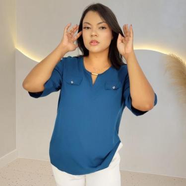 Imagem de Blusa Camisa Feminina Social Botões Manga 3/4 Formal Eloísa, Azul petr