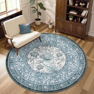 Imagem de GarveeHome Tapete redondo azul enevoado com bosque botânico de 1,2 m, pequeno círculo, vintage, cottagecore, macio, antiderrapante, lavável, para sala de estar, quarto, berçário, cozinha, tapete retrô