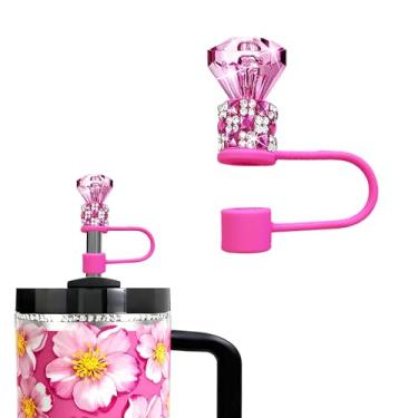 Imagem de JIASHEBDE Conjunto de topo de palha de diamante para Stanley Cup 850 g 1,134 g, tampas de strass brilhantes, capas de silicone reutilizáveis à prova de poeira para presentes femininos (1 peça rosa