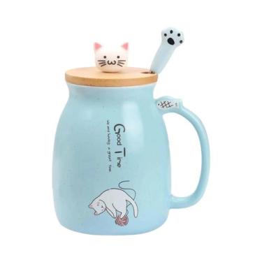 Imagem de Caneca De Cerâmica Kawaii De 16oz Com Tampa E Colher, Estilo Japonês, 