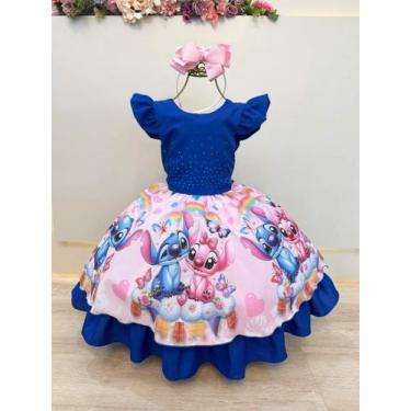 Imagem de Vestido Infantil Azul Royal Lilo Stitch e Angel Festas Luxo - Mali Mod