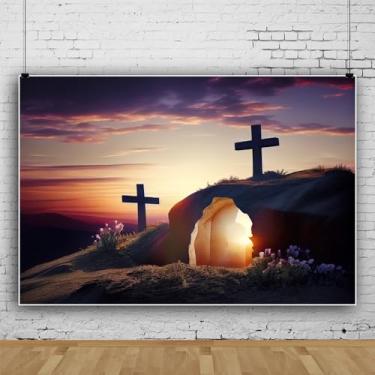 Imagem de XMJJKUF Pano de fundo vazio para fotografia da tumba de Jesus, 3 x 2,4 m, ressurreição de Jesus, páscoa, renascimento de Jesus, nascer do sol, cruz santuária, adereços de cabine de fotos