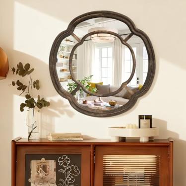 Imagem de Lzuso Espelho de parede irregular, espelho redondo ondulado para pendurar espelhos decorativos com moldura de madeira 50 cm para sala de estar corredor entrada decoração espelhos