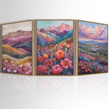 Imagem de QTUSYUR Arte de parede de flores silvestres em aquarela - Impressão de arte de paisagem de campo agrícola grande - Arte em tela floral de montanha colorida para sala de estar de fazenda - Pintura