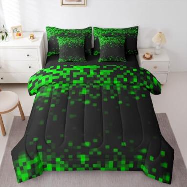 Imagem de Jogo de cama queen tamanho mineiro quadriculado, preto, verde, xadrez, decoração abstrata, geométrico, jogo para todas as estações, lençol de cima, lençol com elástico, 2 fronhas, 2 fronhas