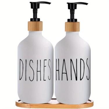 Imagem de Dispensador de sabonete líquido preto fosco moderno de 500 ml com bandeja de madeira - Armazenamento elegante de banheiro e cozinha para sabonete, gel de banho e muito mais