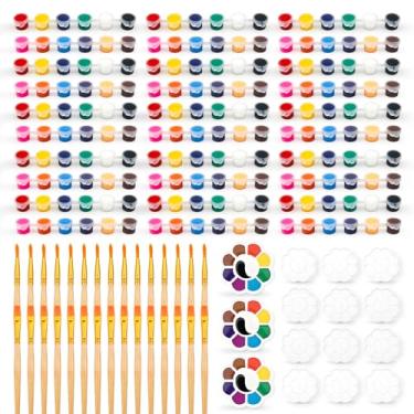 Imagem de hapray Conjunto de tintas acrílicas para crianças, tintas laváveis de 12 cores com 5 bandejas de desenho e 10 pincéis de madeira, mini kit de tinta aquarela para adultos, kit de artesanato de Natal de