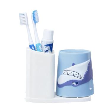 Imagem de Lily's Home Suporte de escova de dentes infantil – Conjunto organizador e copo de tubarão 3D – Decoração divertida de armazenamento de banheiro – Design azul/branco – Acessórios de banheiro infantis