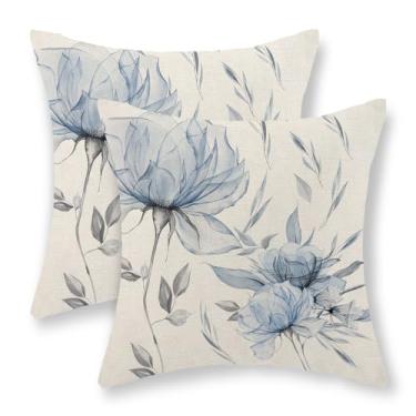 Imagem de Conjunto de 2 fronhas azuis 45,7 x 45,7 cm com 2 almofadas florais vintage azul e cinza aquarela abstrata boho flores decorativas capas de almofada de linho para decoração de sofá