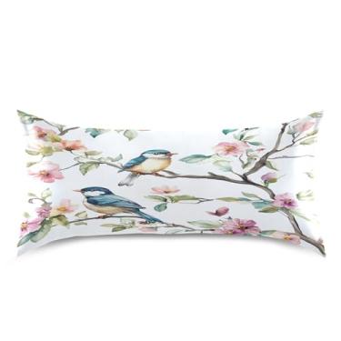 Imagem de xigua Aquarela pássaros almofada de cetim para cabelo e pele, lavável à máquina, antiderrapante, refrescante, almofada de cama king size com fecho de envelope, 50,8 cm x 101,6 cm