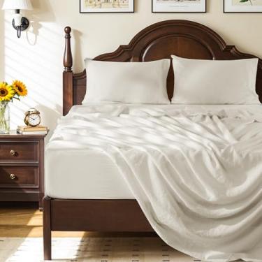 Imagem de Shilucheng Lençóis de linho 100% francês, lençóis com bolso extra profundo para colchões de 45,7 a 61 cm de espessura, linho puro respirável e refrescante, 4 peças, macio durável (branco cremoso