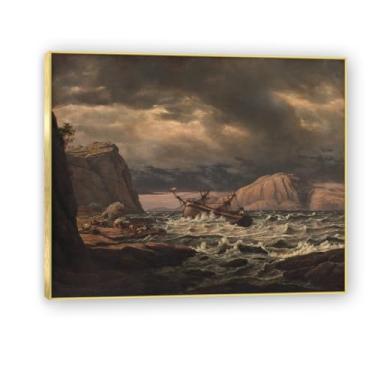 Imagem de NHLDZYH Moldura dourada. Pintura a óleo de paisagem romântica norueguesa famosa, J.C. Dahl, cópia de pintura a óleo clássica emoldurada para sala de estar ou escritório. (naufrágio costeiro). 70 x 84