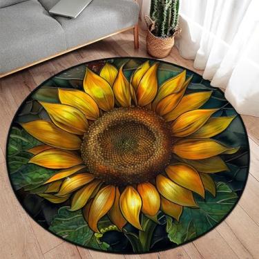 Imagem de Fchen art Tapete redondo de girassol, tapete circular de 61 cm com flores amarelas vibrantes e folhas verdes, decoração de sala de estar edificante, algodão lavável com bordas costuradas