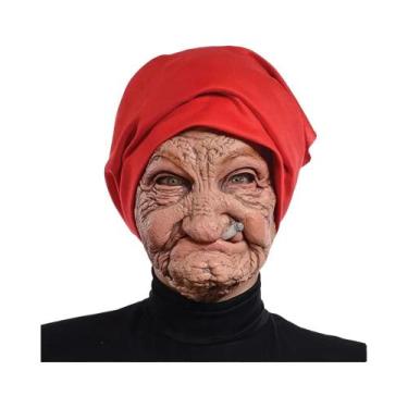 Imagem de Máscara De Látex De Vovó Fumante Com Lenço Vermelho E Rosto Enrugado, 