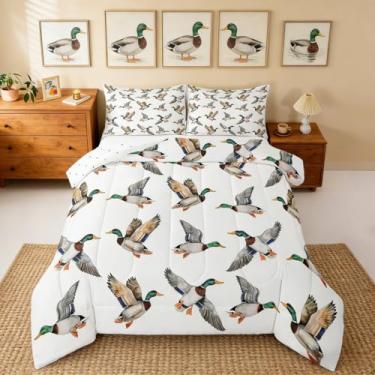 Imagem de Erosebridal Jogo de cama casal com pato de caça, pato selvagem, para crianças, adolescentes, adultos, rústico, estilo fazenda, verde, branco, vida selvagem, enchimento respirável, decoração de quarto