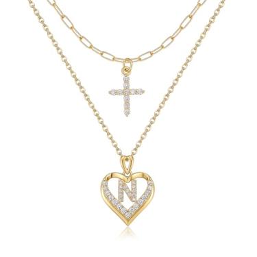 Imagem de YOVIEE Colar com letra inicial para mulheres, banhado a ouro 14 K, zircônia cúbica, coração, conjunto de colar com pingente de cruz, colar, moderno, fofo, gargantilha, colar, joia presente para ela