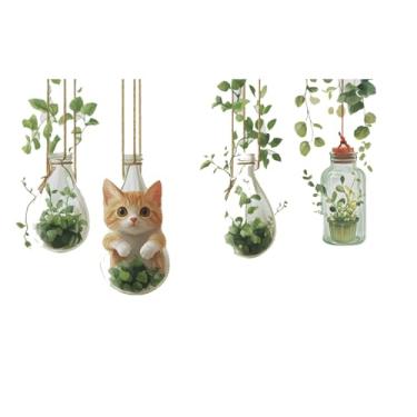 Imagem de Achang Adesivos de parede de plantas pingente garrafa de vidro verde gato planta casa adesivo de parede descascar e colar para sala de estar quarto TV parede decoração sala de aula