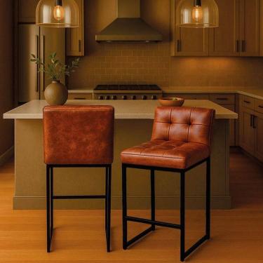 Imagem de Banqueta Cozinha Alta Com Encosto Industrial Kit 2 Preto Lirina Pu Nozes C05 - D`rossi