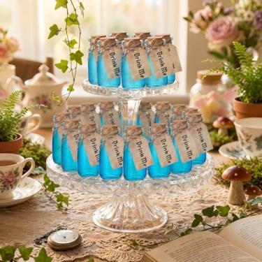 Imagem de Conjunto de 24 frascos pequenos de vidro para decoração de festa do País das Maravilhas com etiqueta de bebida de cortiça, jarra de feitiço de barbante de juta para lembrancinhas de casamento, artigos