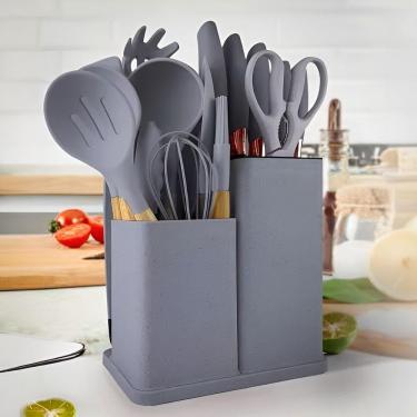 Imagem de Kit 19 Utensílios De Cozinha Silicone Cabo De Madeira Faca Tábua Cinza