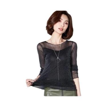 Imagem de Blusa Feminina De Manga Longa Com Glitter E Tela Transparente, Gola O,
