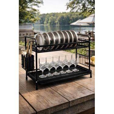 Imagem de Escorredor Preto Fosco Em Inox 2 Andares Até 15 Pratos Com Porta Talhe